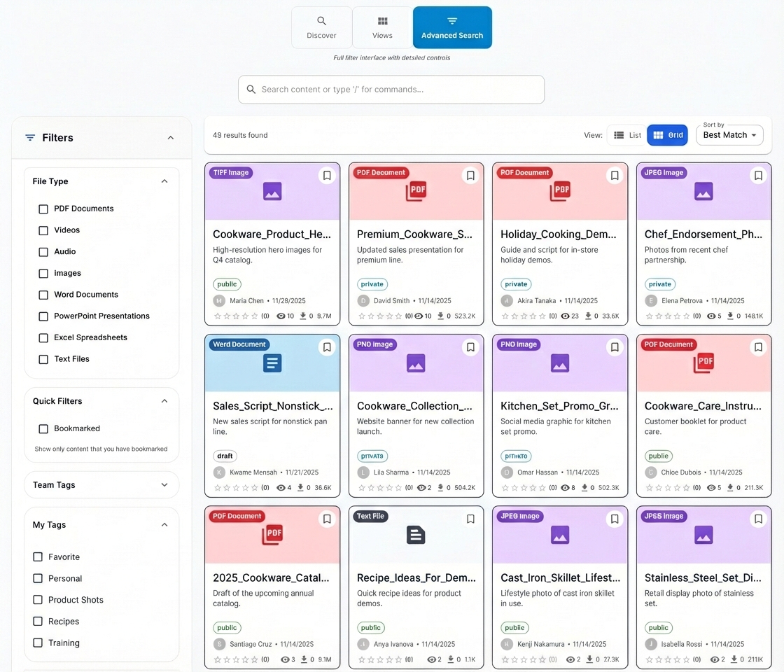 Advanced content search interface showing grid view of diverse content types including PDFs, images, videos, and documents with powerful filtering by file type, tags, bookmarks, and ratings. Results display with metadata, privacy indicators, and engagement metrics.