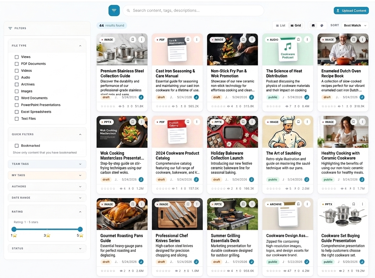 Advanced content search interface showing grid view of diverse content types including PDFs, images, videos, and documents with powerful filtering by file type, tags, bookmarks, and ratings. Results display with metadata, privacy indicators, and engagement metrics.